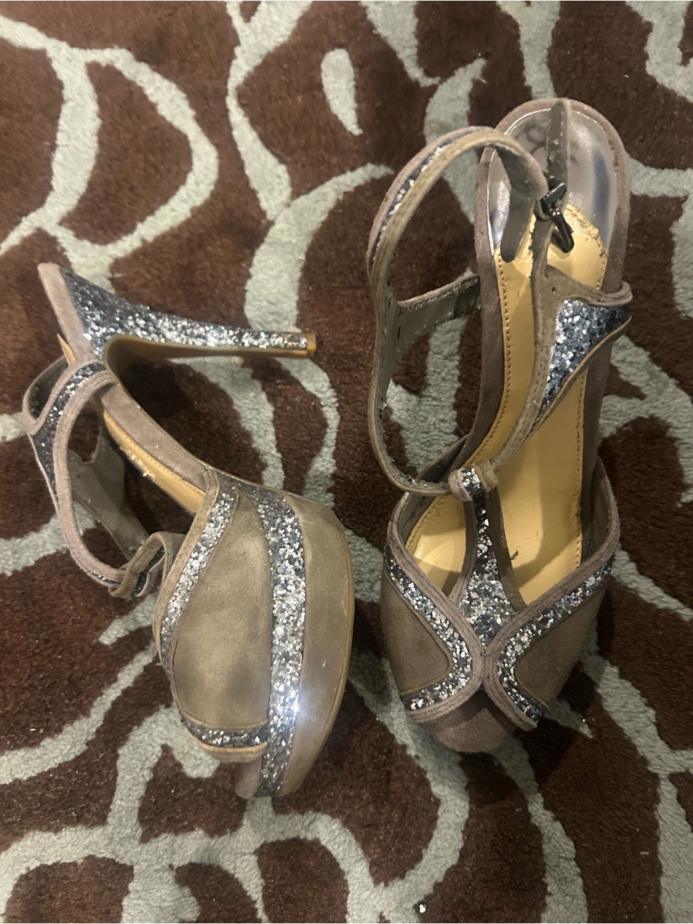Gianni Bini Grey Suede Platform Heels with Silver Glitter Trim